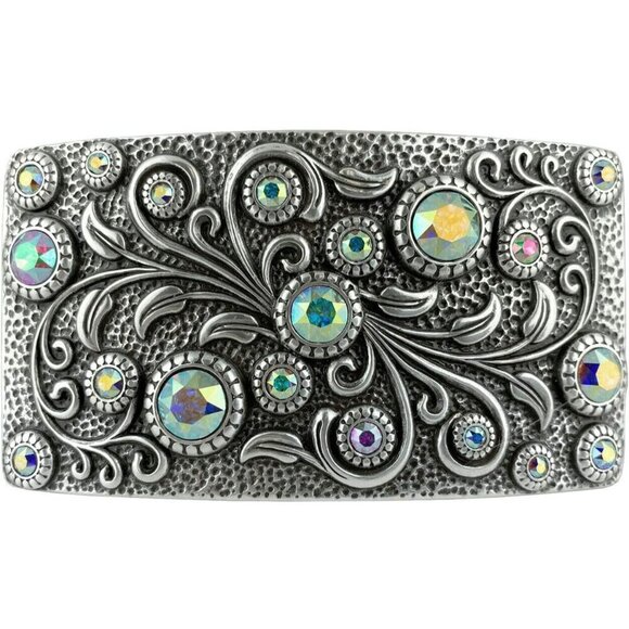 Women\'s Silver Rhinestone Crystal Antique Brass Rectangle Floral Belt Buckle